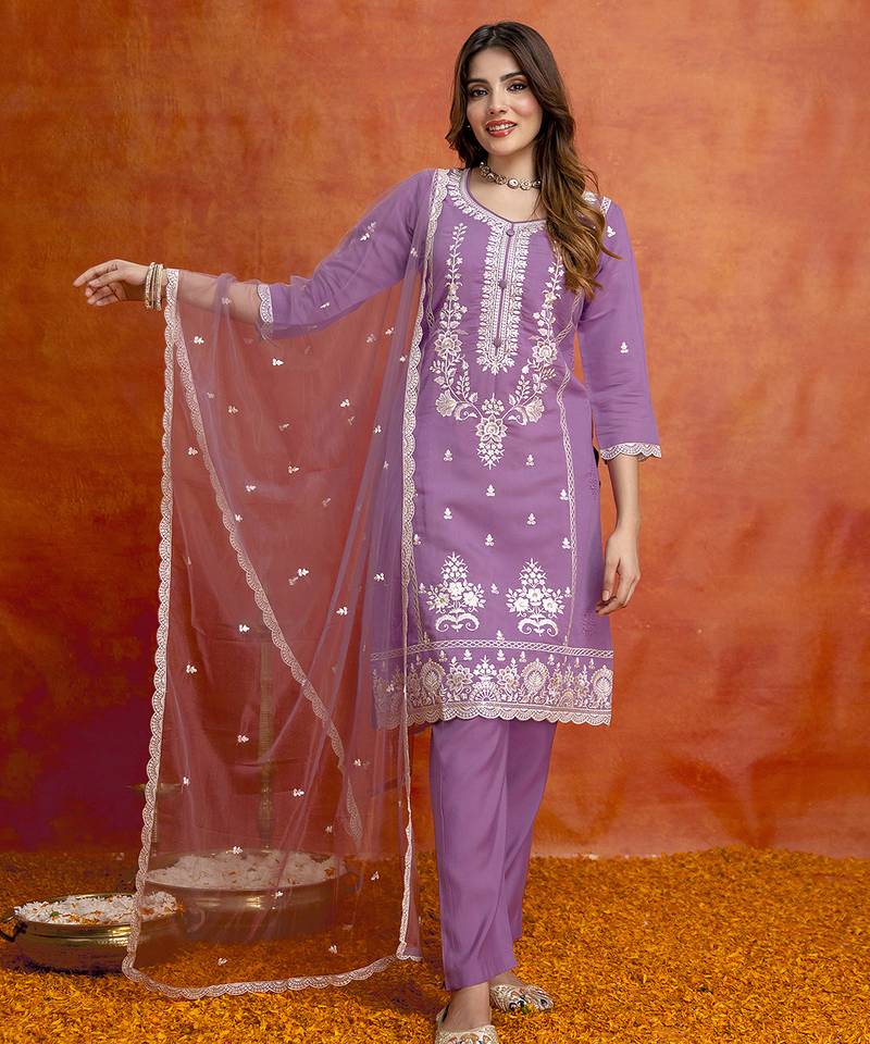 Lightpink cotton silk thread embroidery with sequence work kurta pant set with dupatta