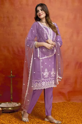 Lightpink cotton silk thread embroidery with sequence work kurta pant set with dupatta