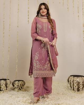 Darkpeach art silk beads embroidery work kurta palazzo set with dupatta 1