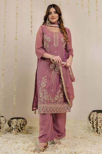 Darkpeach art silk beads embroidery work kurta palazzo set with dupatta