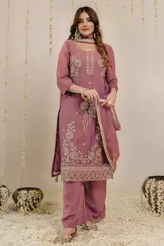 Darkpeach art silk beads embroidery work kurta palazzo set with dupatta