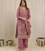 Darkpeach art silk beads embroidery work kurta palazzo set with dupatta
