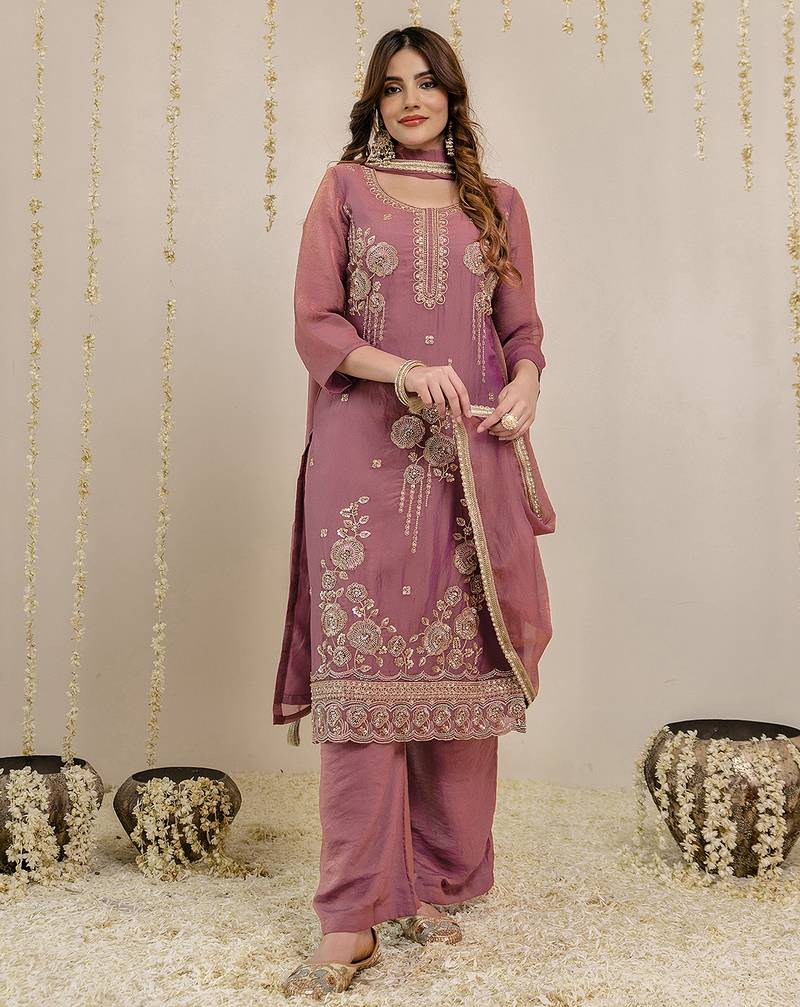 Darkpeach art silk beads embroidery work kurta palazzo set with dupatta