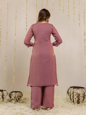 Darkpeach art silk beads embroidery work kurta palazzo set with dupatta 2