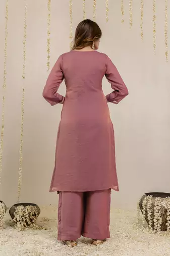 Darkpeach art silk beads embroidery work kurta palazzo set with dupatta