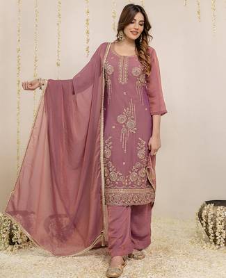 Darkpeach art silk beads embroidery work kurta palazzo set with dupatta 3