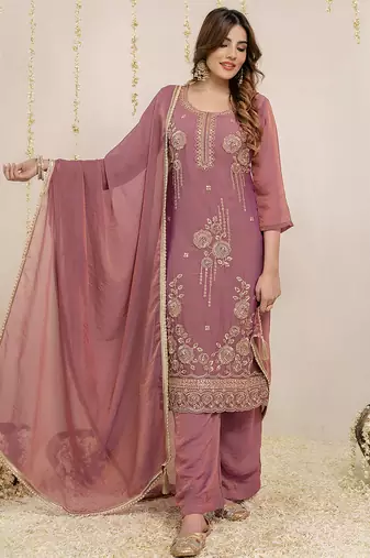 Darkpeach art silk beads embroidery work kurta palazzo set with dupatta