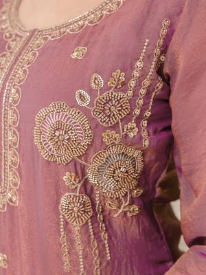 Darkpeach art silk beads embroidery work kurta palazzo set with dupatta 4