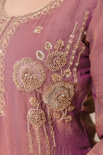 Darkpeach art silk beads embroidery work kurta palazzo set with dupatta