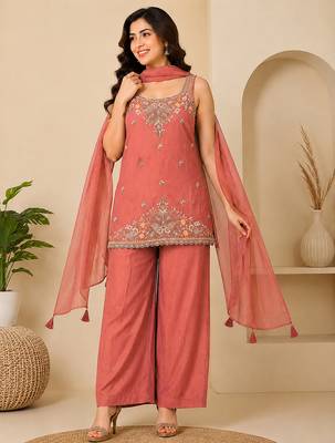 Orange art silk embroidery beads work straight kurta palazzo suit set with dupatta 1