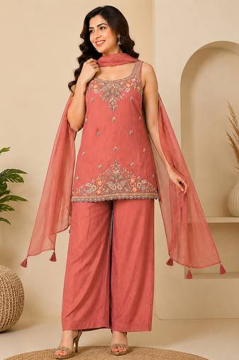 Orange art silk embroidery beads work straight kurta palazzo suit set with dupatta