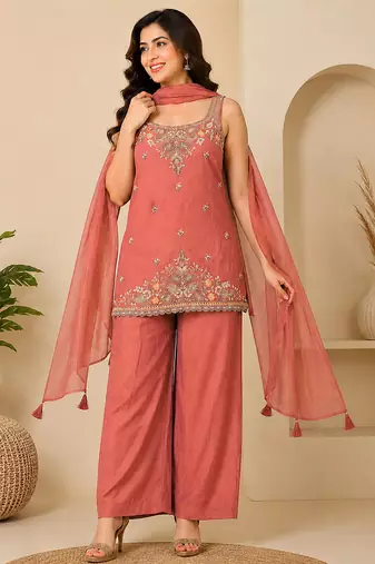 Orange art silk embroidery beads work straight kurta palazzo suit set with dupatta
