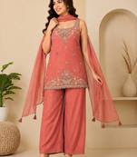 Orange art silk embroidery beads work straight kurta palazzo suit set with dupatta