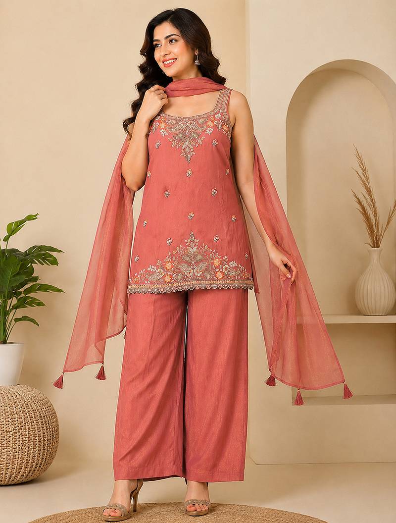 Orange art silk embroidery beads work straight kurta palazzo suit set with dupatta