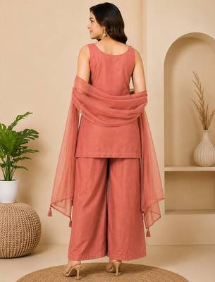 Orange art silk embroidery beads work straight kurta palazzo suit set with dupatta 2