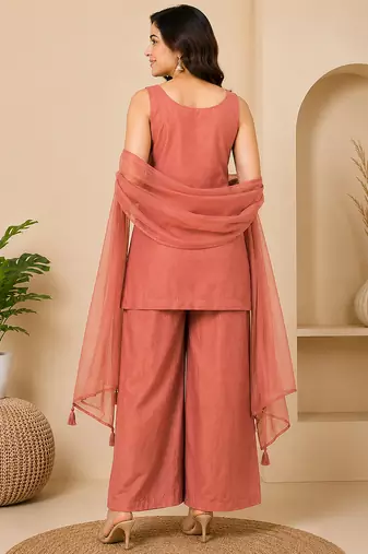 Orange art silk embroidery beads work straight kurta palazzo suit set with dupatta