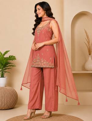 Orange art silk embroidery beads work straight kurta palazzo suit set with dupatta 3
