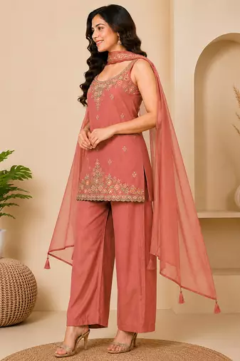 Orange art silk embroidery beads work straight kurta palazzo suit set with dupatta