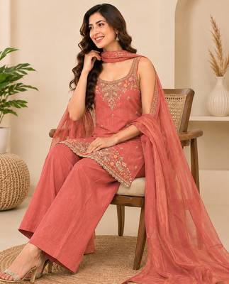 Orange art silk embroidery beads work straight kurta palazzo suit set with dupatta 4