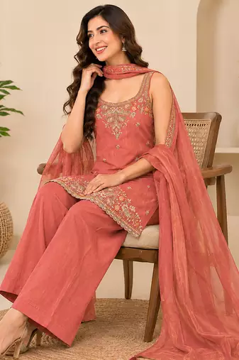 Orange art silk embroidery beads work straight kurta palazzo suit set with dupatta