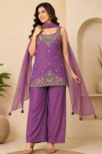 Purple art silk embroidery beads work straight kurta palazzo suit set with dupatta