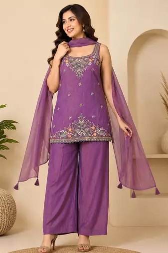Purple art silk embroidery beads work straight kurta palazzo suit set with dupatta