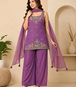 Purple art silk embroidery beads work straight kurta palazzo suit set with dupatta