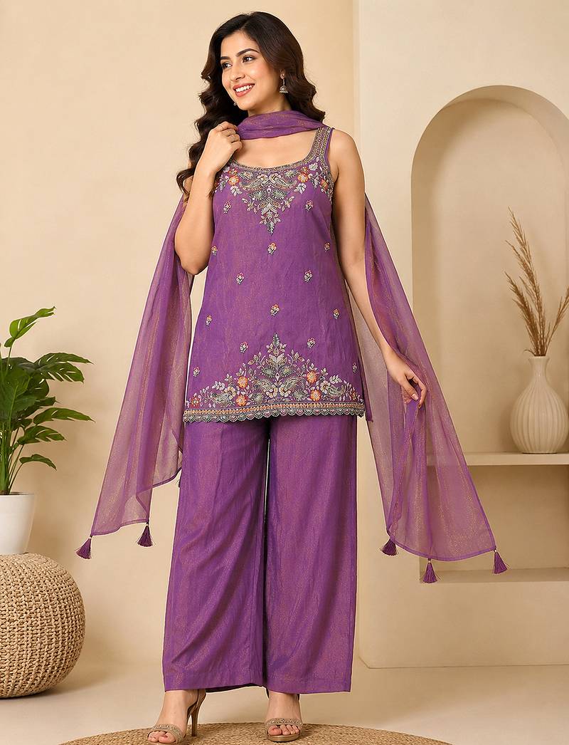 Purple art silk embroidery beads work straight kurta palazzo suit set with dupatta