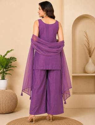 Purple art silk embroidery beads work straight kurta palazzo suit set with dupatta 2
