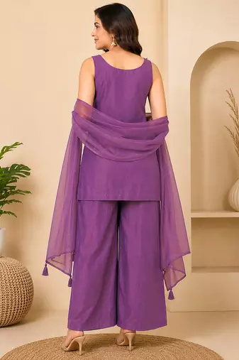 Purple art silk embroidery beads work straight kurta palazzo suit set with dupatta