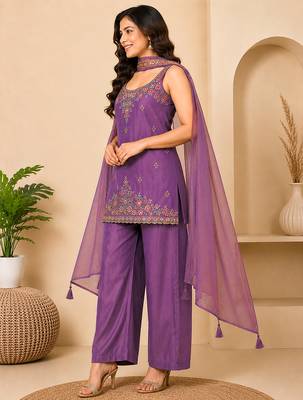 Purple art silk embroidery beads work straight kurta palazzo suit set with dupatta 3