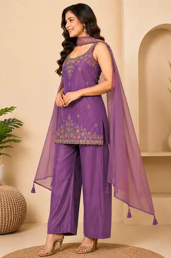 Purple art silk embroidery beads work straight kurta palazzo suit set with dupatta
