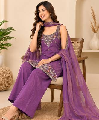 Purple art silk embroidery beads work straight kurta palazzo suit set with dupatta 4