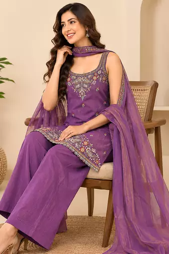 Purple art silk embroidery beads work straight kurta palazzo suit set with dupatta