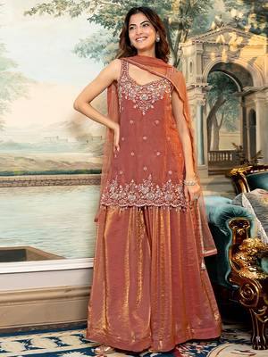 Orange satin beads embroidery work kurta palazzo suit set with dupatta 1