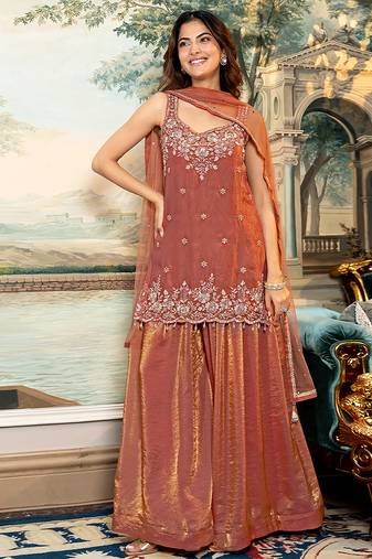 Orange satin beads embroidery work kurta palazzo suit set with dupatta