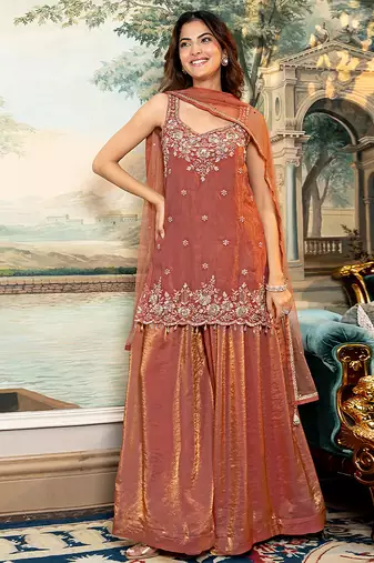 Orange satin beads embroidery work kurta palazzo suit set with dupatta
