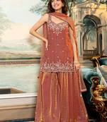 Orange satin beads embroidery work kurta palazzo suit set with dupatta
