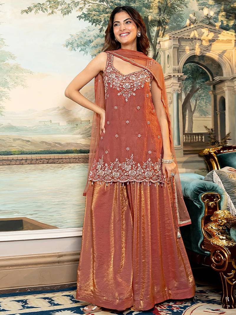 Orange satin beads embroidery work kurta palazzo suit set with dupatta