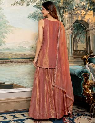 Orange satin beads embroidery work kurta palazzo suit set with dupatta 2