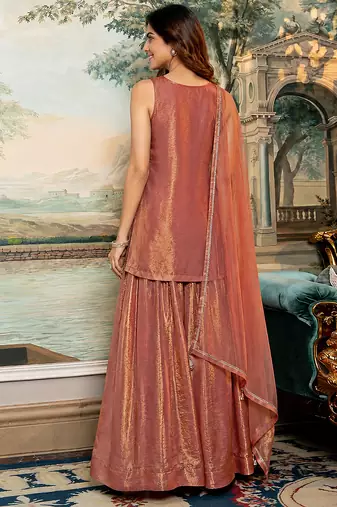 Orange satin beads embroidery work kurta palazzo suit set with dupatta