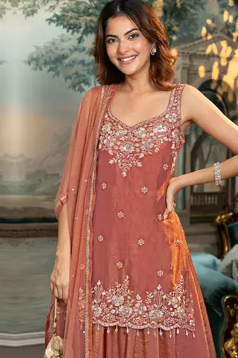 Orange satin beads embroidery work kurta palazzo suit set with dupatta