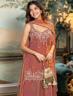 Orange satin beads embroidery work kurta palazzo suit set with dupatta 4