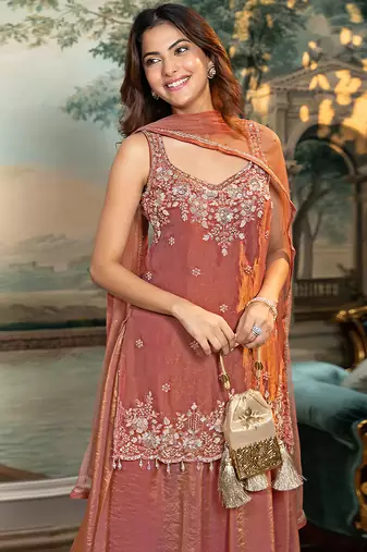 Orange satin beads embroidery work kurta palazzo suit set with dupatta