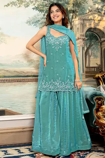 Turquoise satin beads embroidery work kurta palazzo suit set with dupatta