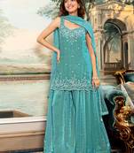 Turquoise satin beads embroidery work kurta palazzo suit set with dupatta
