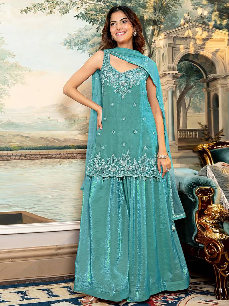 Turquoise satin beads embroidery work kurta palazzo suit set with dupatta