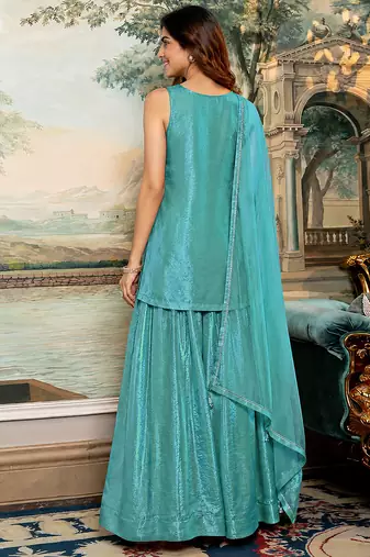 Turquoise satin beads embroidery work kurta palazzo suit set with dupatta
