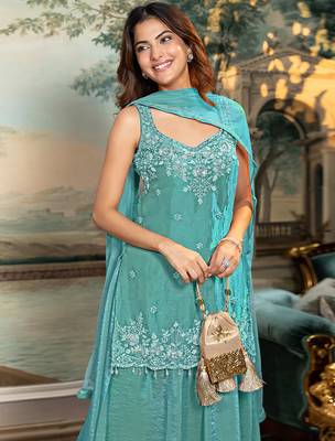 Turquoise satin beads embroidery work kurta palazzo suit set with dupatta 3