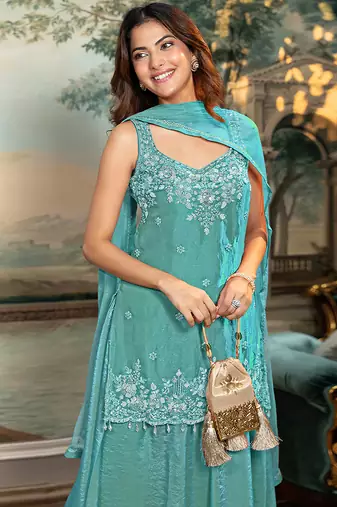 Turquoise satin beads embroidery work kurta palazzo suit set with dupatta